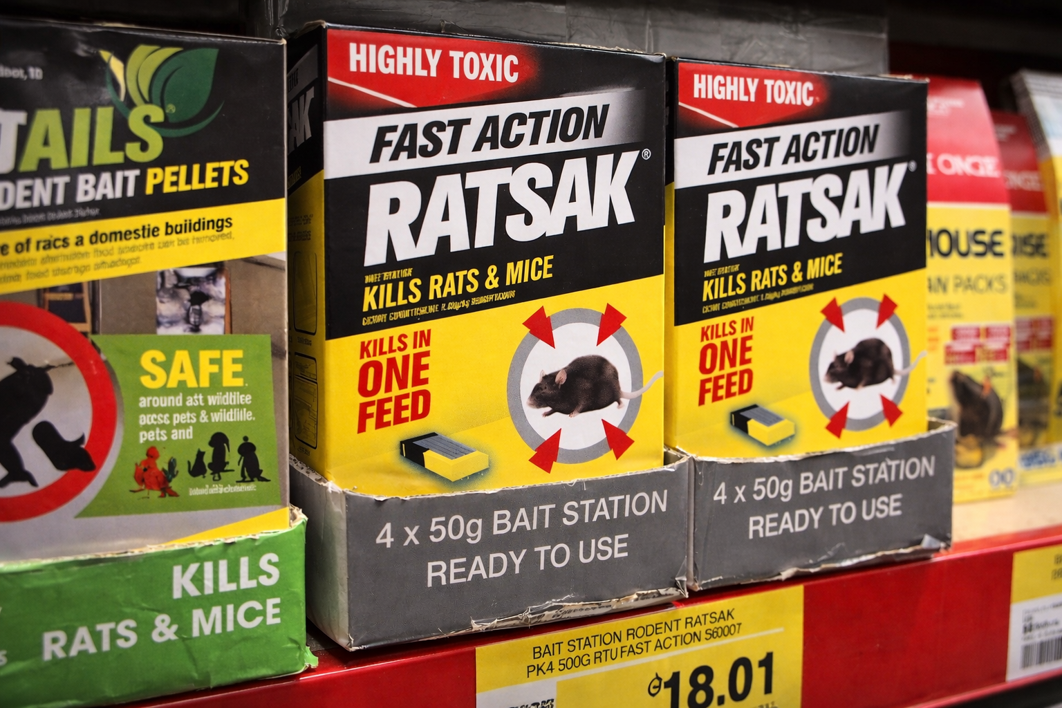 Boxes of rodenticide rat poison products displayed on a retail shelf in Australia.